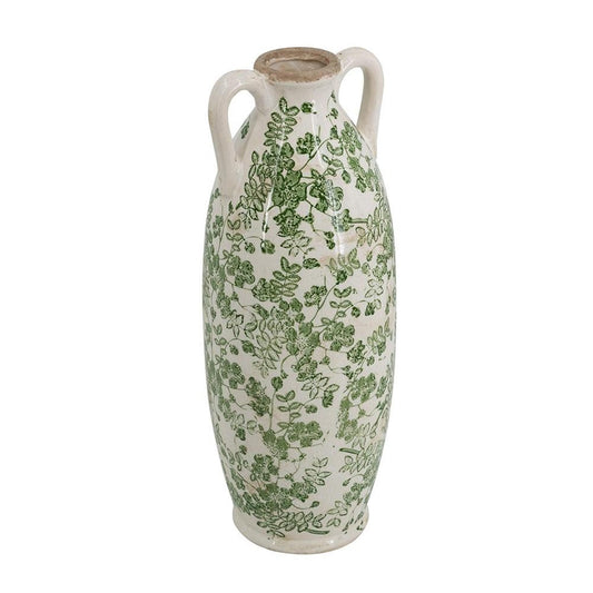 16" Green And White Leaf Ceramic Amphora Table Vase