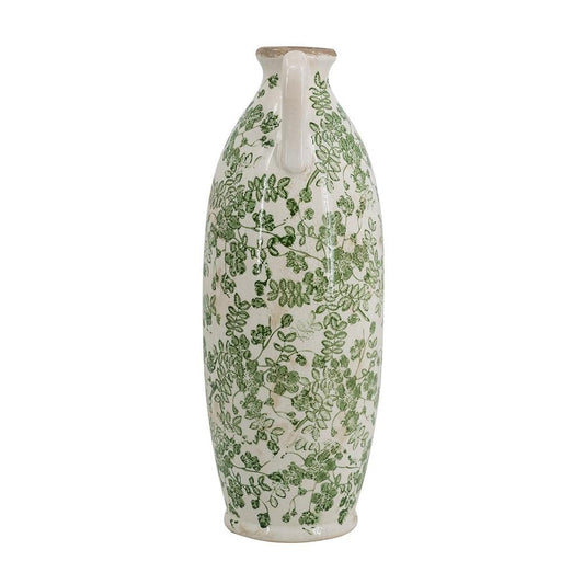 16" Green And White Leaf Ceramic Amphora Table Vase