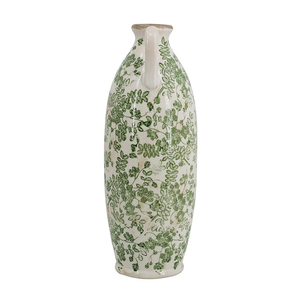 16" Green and White Leaf Amphora Ceramic Table Vase With Does Not Apply