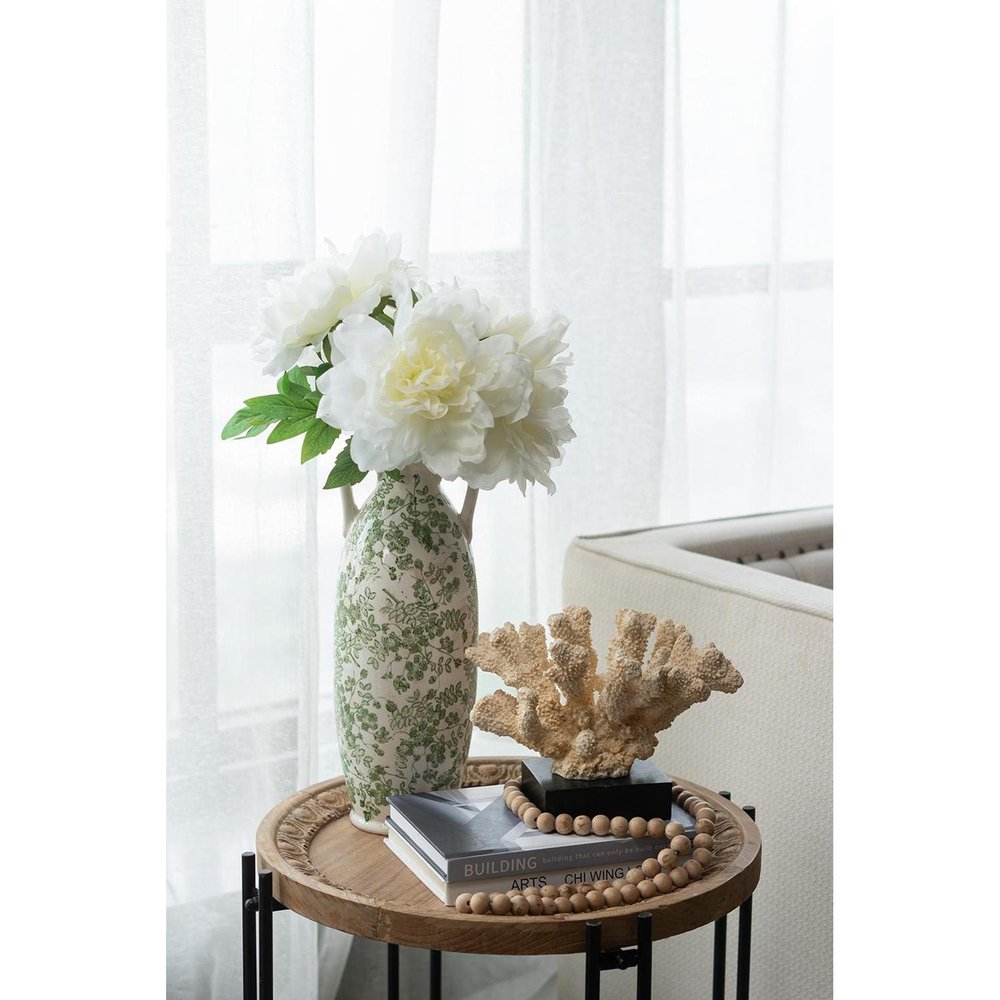 16" Green and White Leaf Amphora Ceramic Table Vase With Does Not Apply