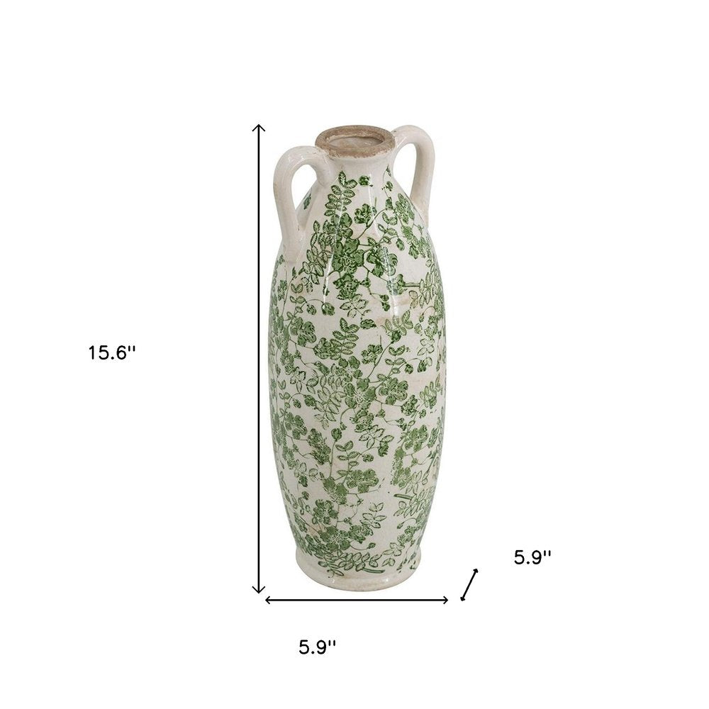 16" Green and White Leaf Amphora Ceramic Table Vase With Does Not Apply