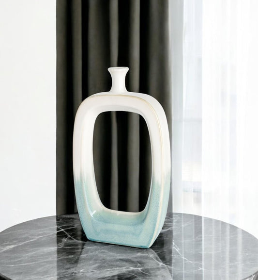 18" Aqua And White Ombre Ceramic Table Vase