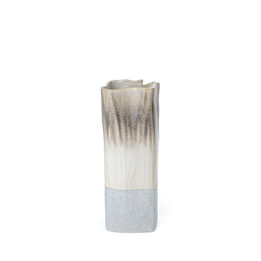 12" Brown Light Blue And Off White Color Block Square Ceramic Table Vase