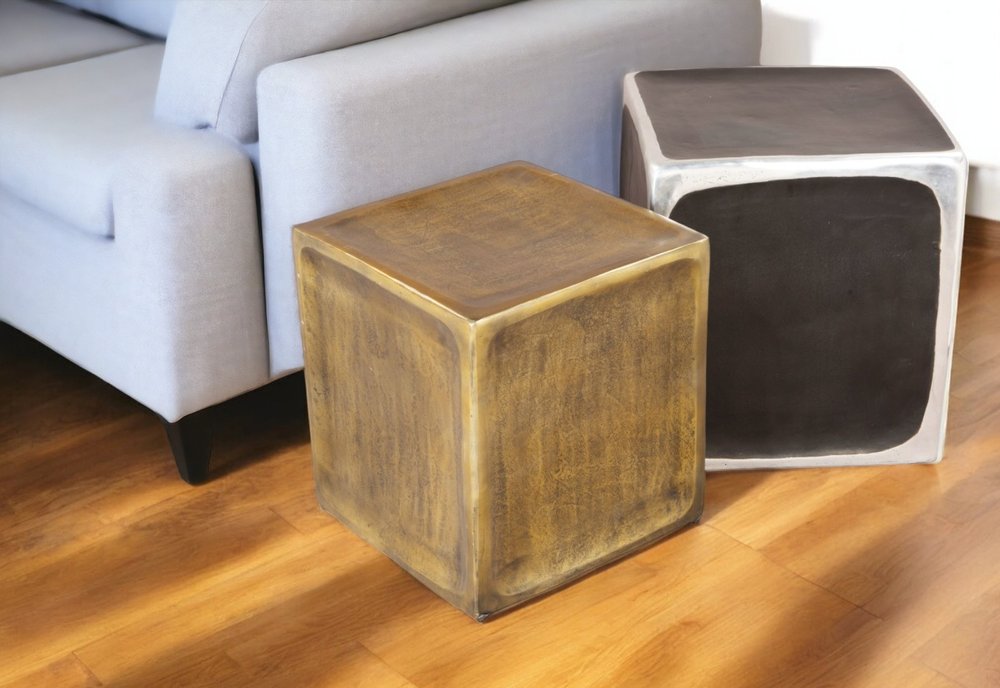 Set of Two Black Silver And Antiqued Brass Aluminum Square Block End Tables