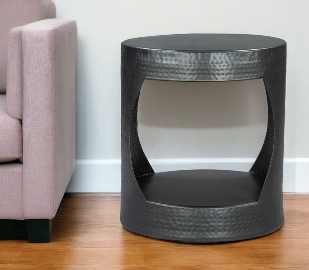 20" Black Iron Round Floor Shelf End Table