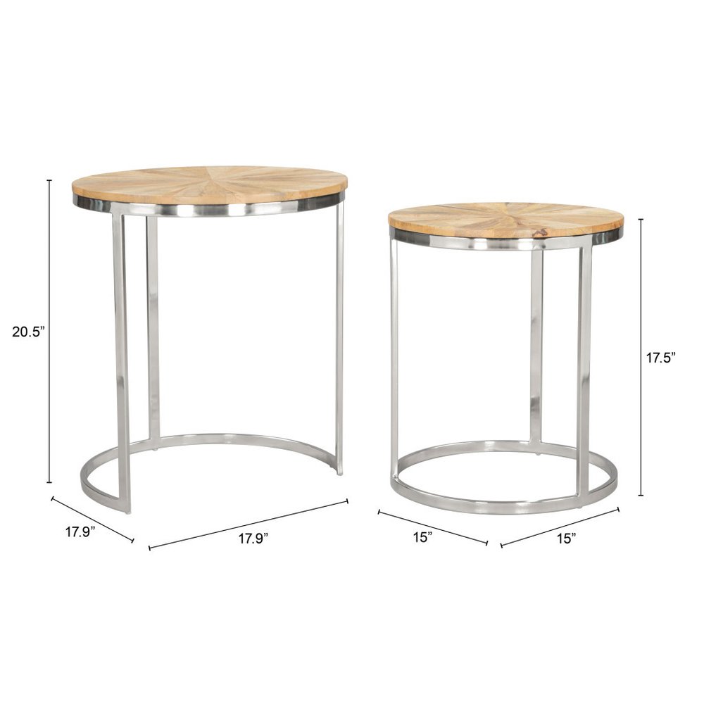 Set of Two Natural And Silver Solid Wood And Iron Round Frame Nested Tables