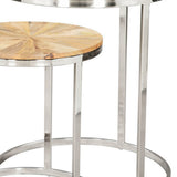 Set of Two Natural And Silver Solid Wood And Iron Round Frame Nested Tables