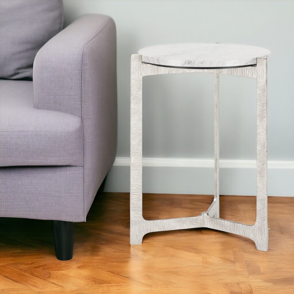 25" White And Silver Marble And Aluminum Round Cross Legs End Table