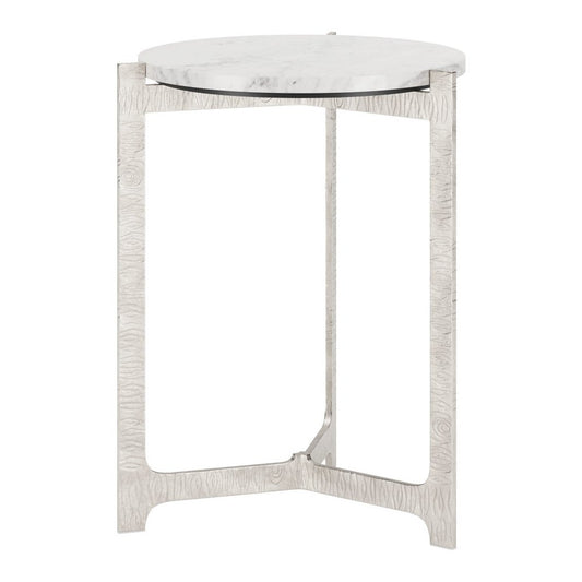 25" White And Silver Marble And Aluminum Round Cross Legs End Table