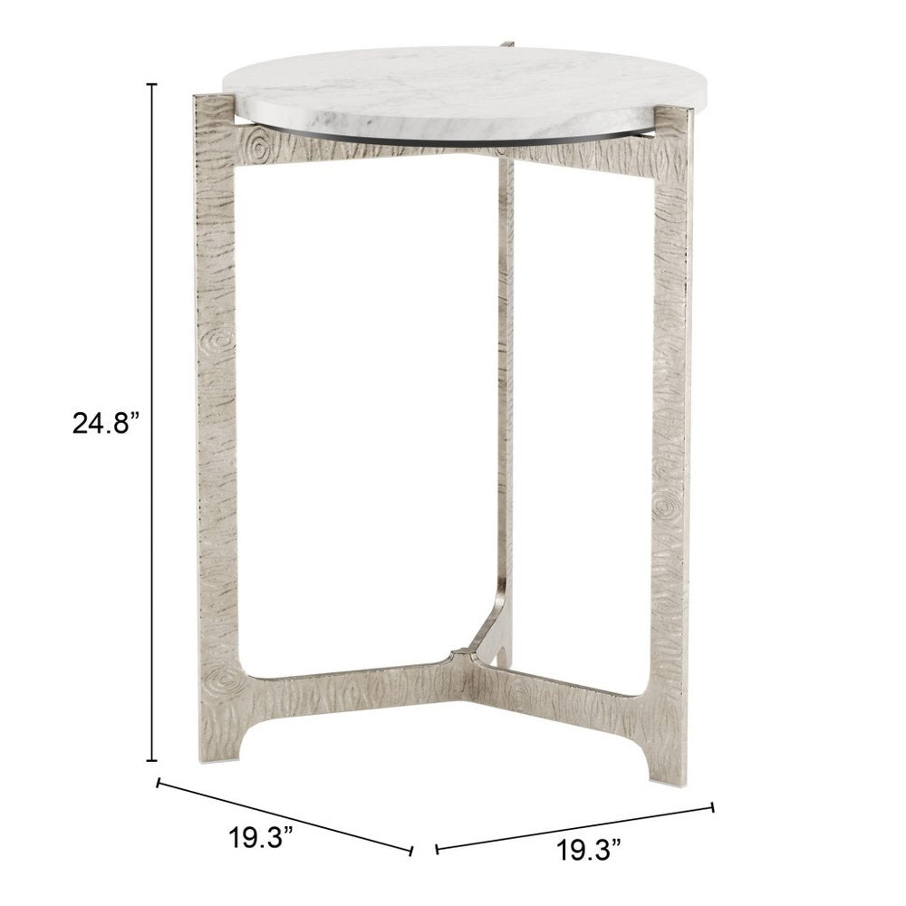 25" White And Silver Marble And Aluminum Round Cross Legs End Table