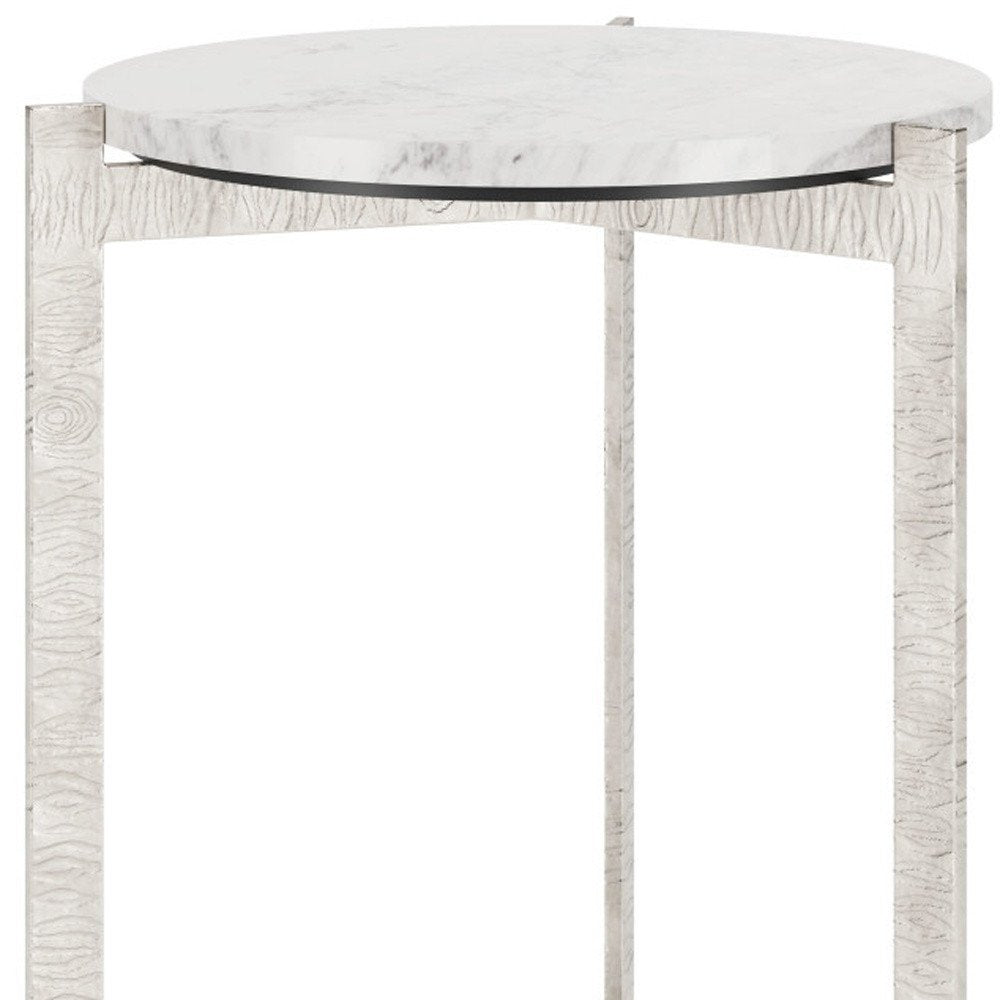 25" White And Silver Marble And Aluminum Round Cross Legs End Table