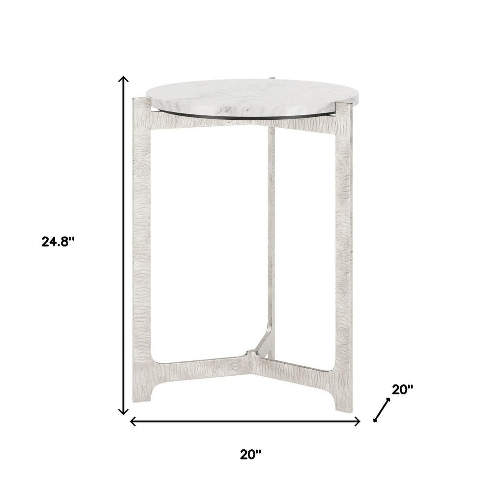 25" White And Silver Marble And Aluminum Round Cross Legs End Table