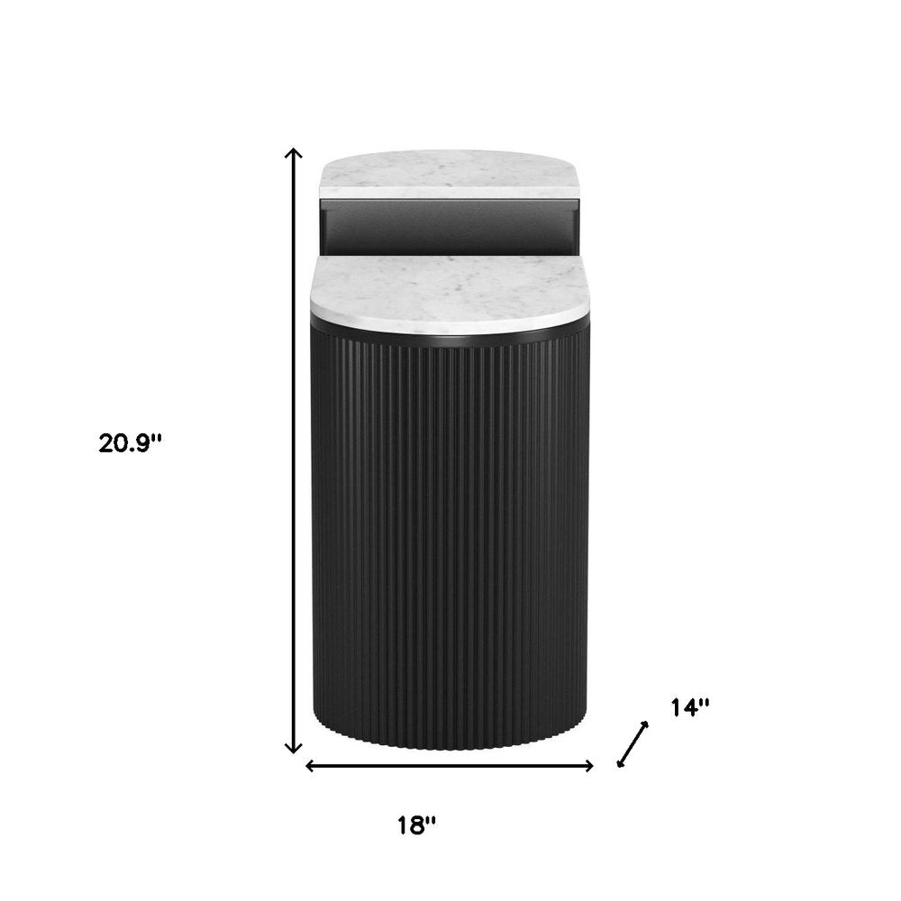 Set of Two Black And White Solid Wood And Marble Oval Block End Tables