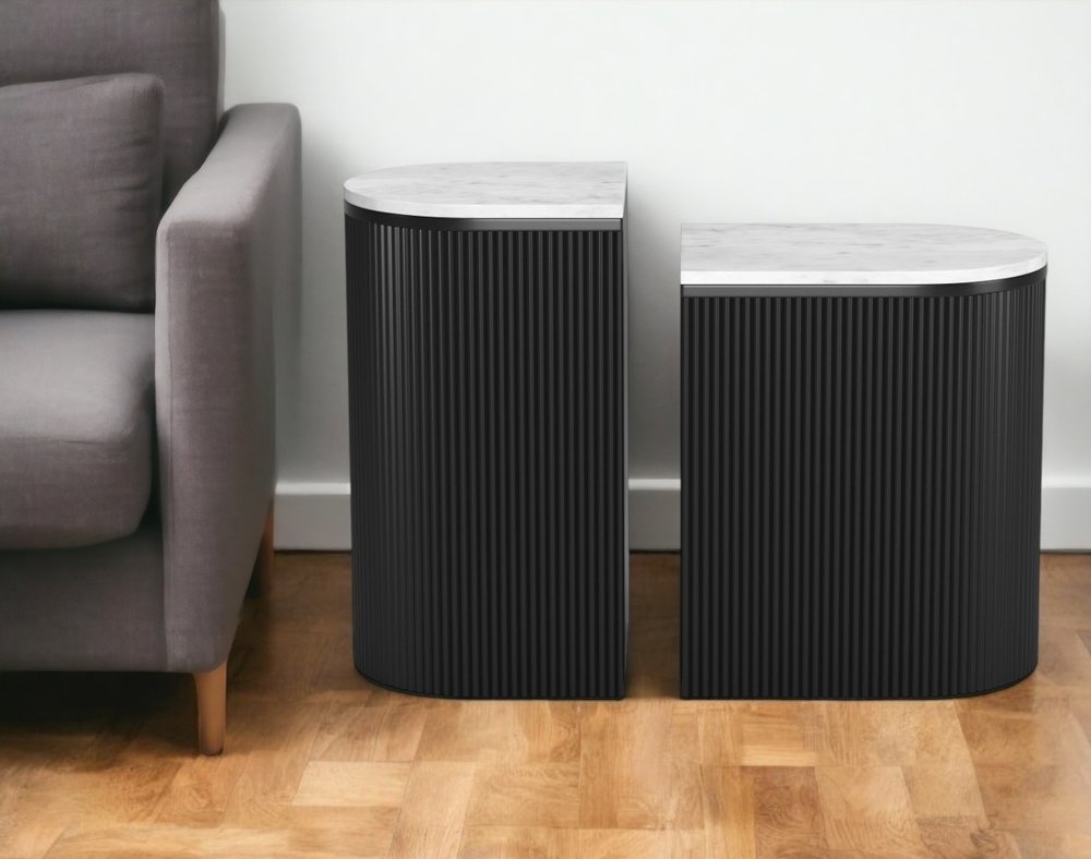 Set of Two Black And White Solid Wood And Marble Oval Block End Tables