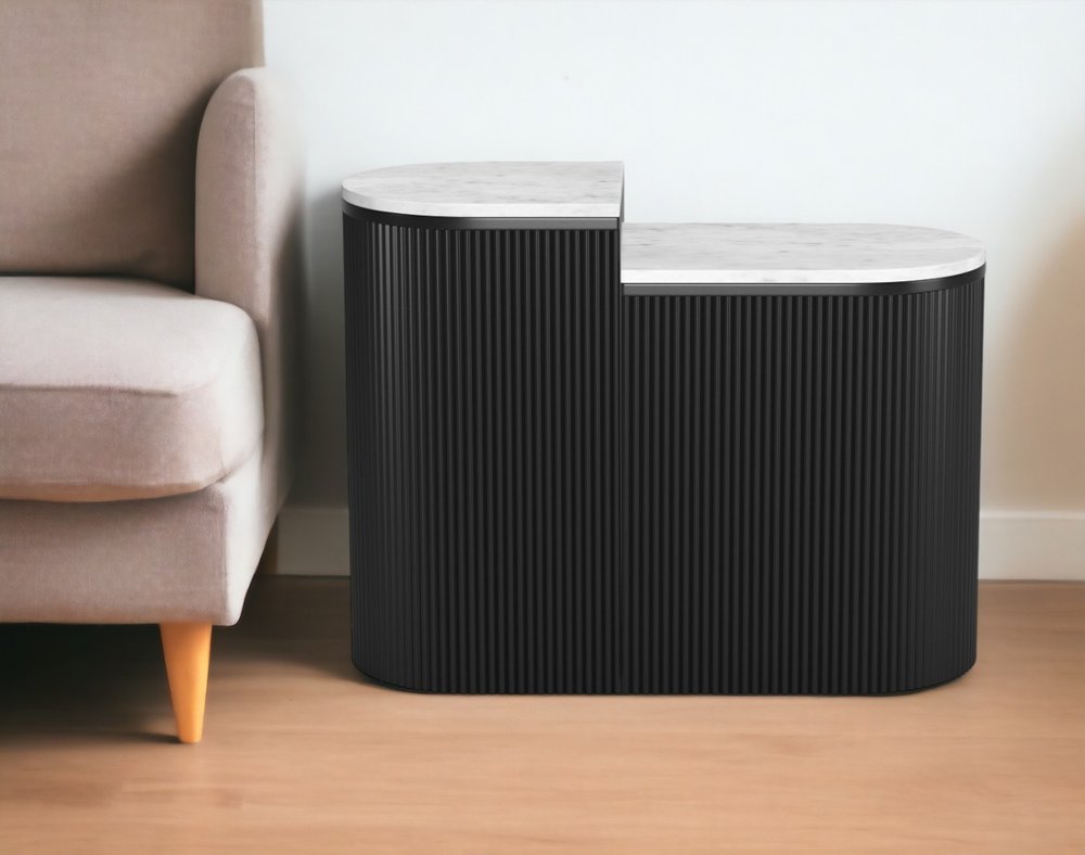 Set of Two Black And White Solid Wood And Marble Oval Block End Tables