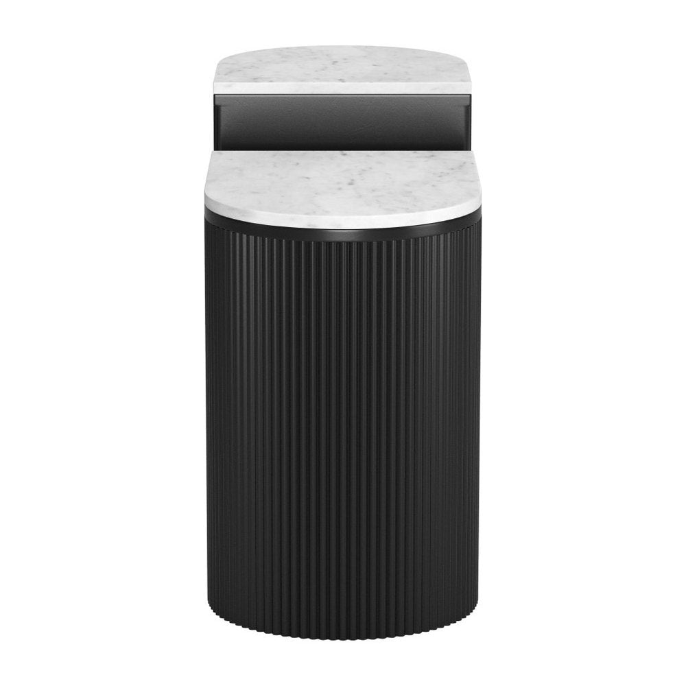Set of Two Black And White Solid Wood And Marble Oval Block End Tables