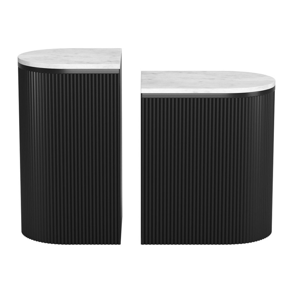 Set of Two Black And White Solid Wood And Marble Oval Block End Tables