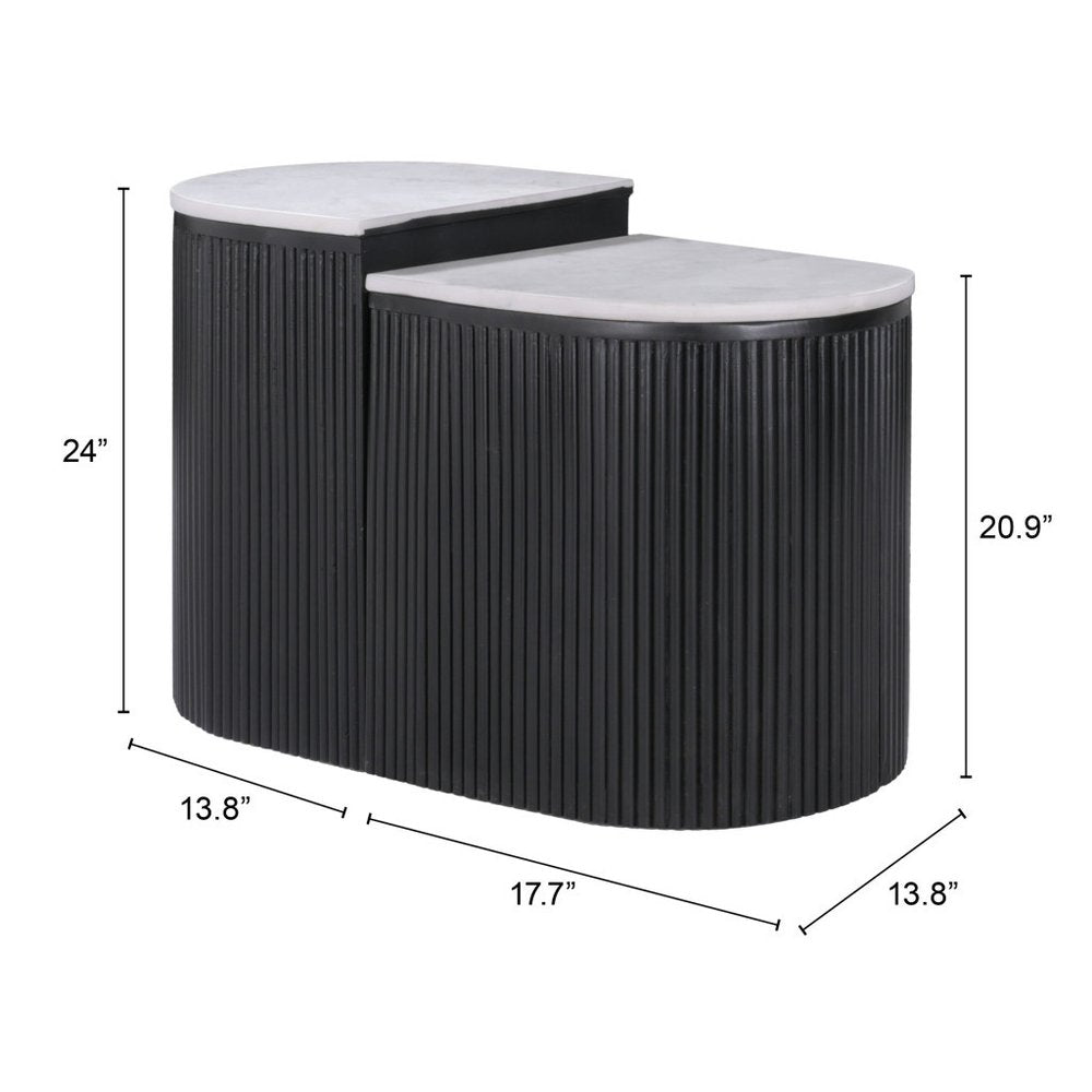 Set of Two Black And White Solid Wood And Marble Oval Block End Tables