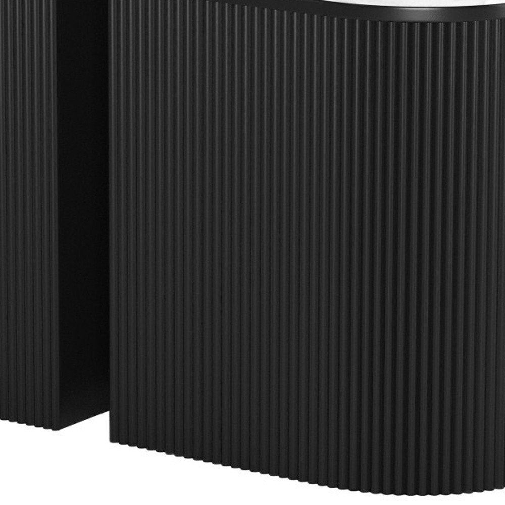 Set of Two Black And White Solid Wood And Marble Oval Block End Tables
