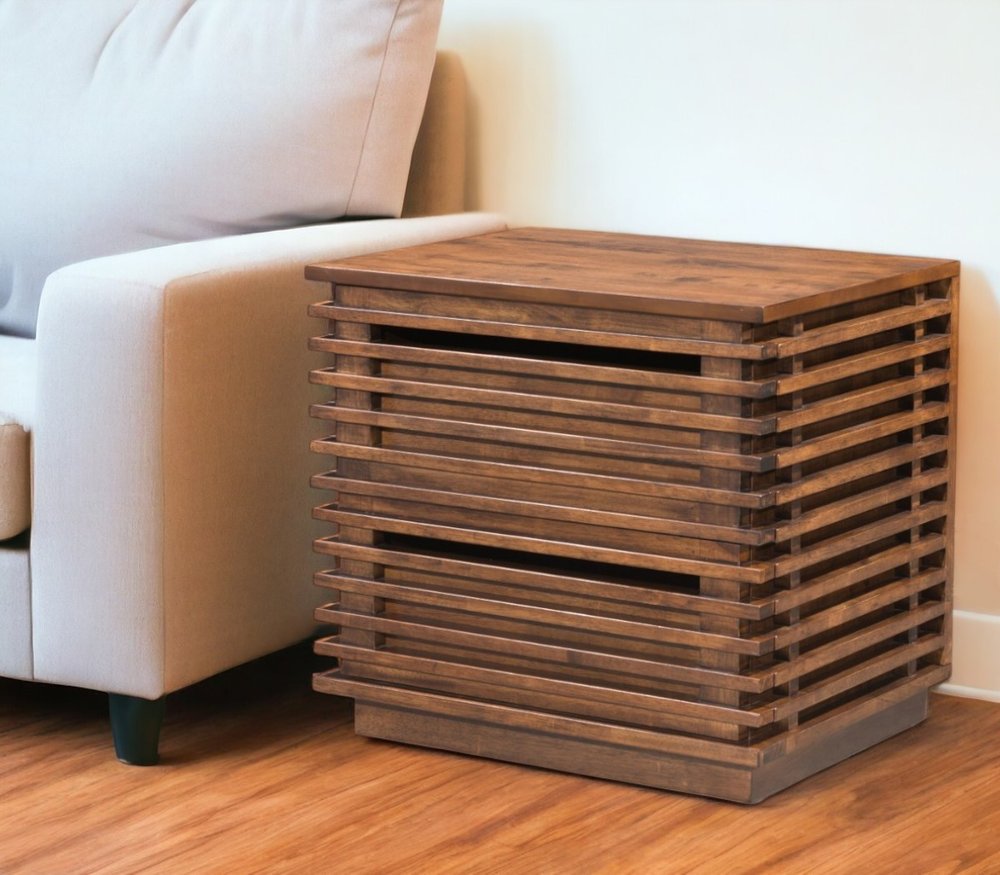 22" Brown Wood Block End Table With Two Drawers