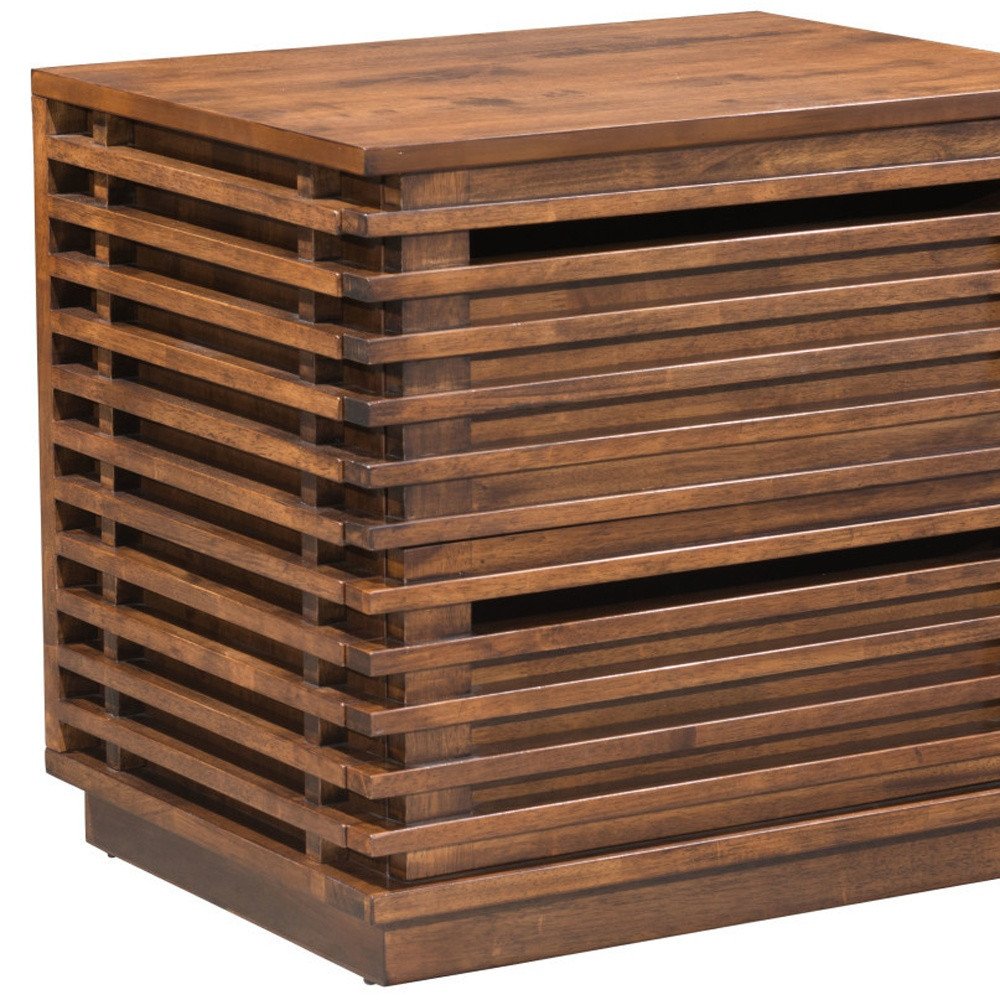 22" Brown Wood Block End Table With Two Drawers