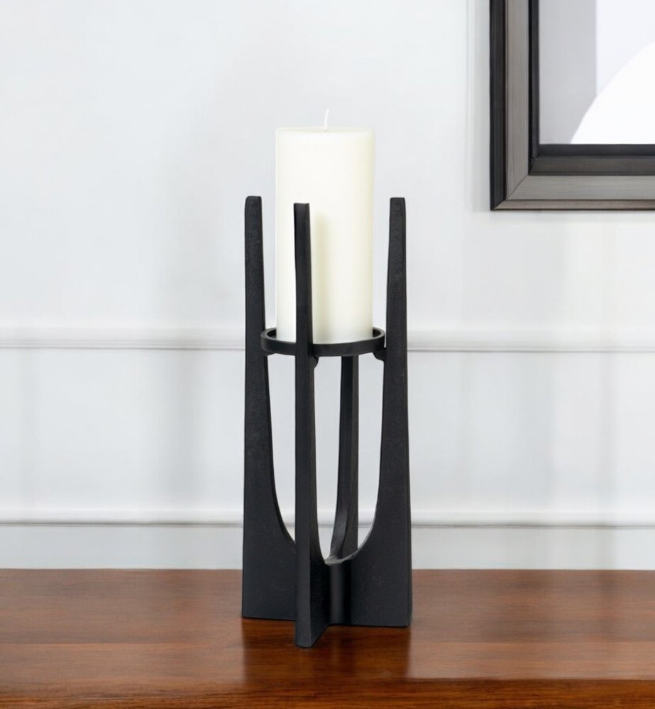 12" Black Distressed Aluminum Geometric Tabletop Pillar Candle Holder