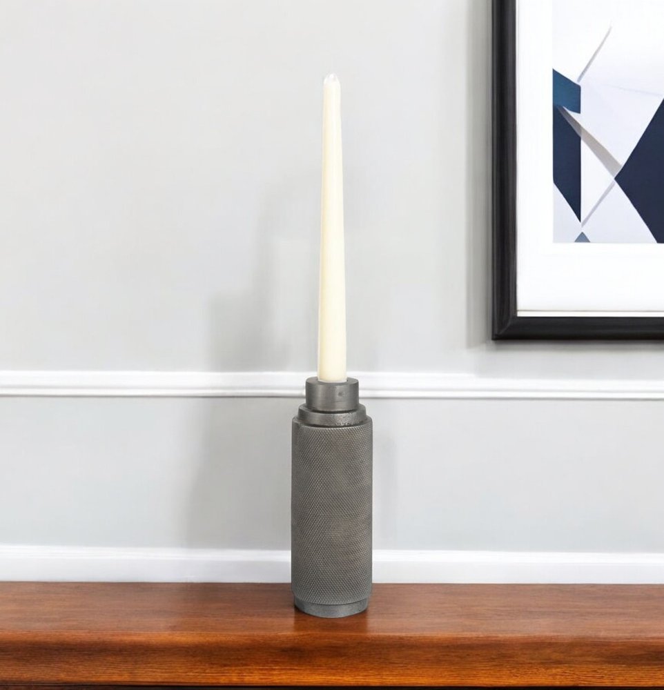 7" Gray Distressed Aluminum Geometric Tabletop Taper Candle Holder