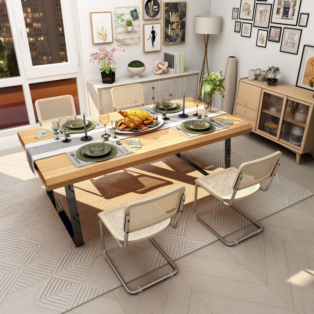 Set of Two Natural and Silver Steel Open Back Dining Side Chairs