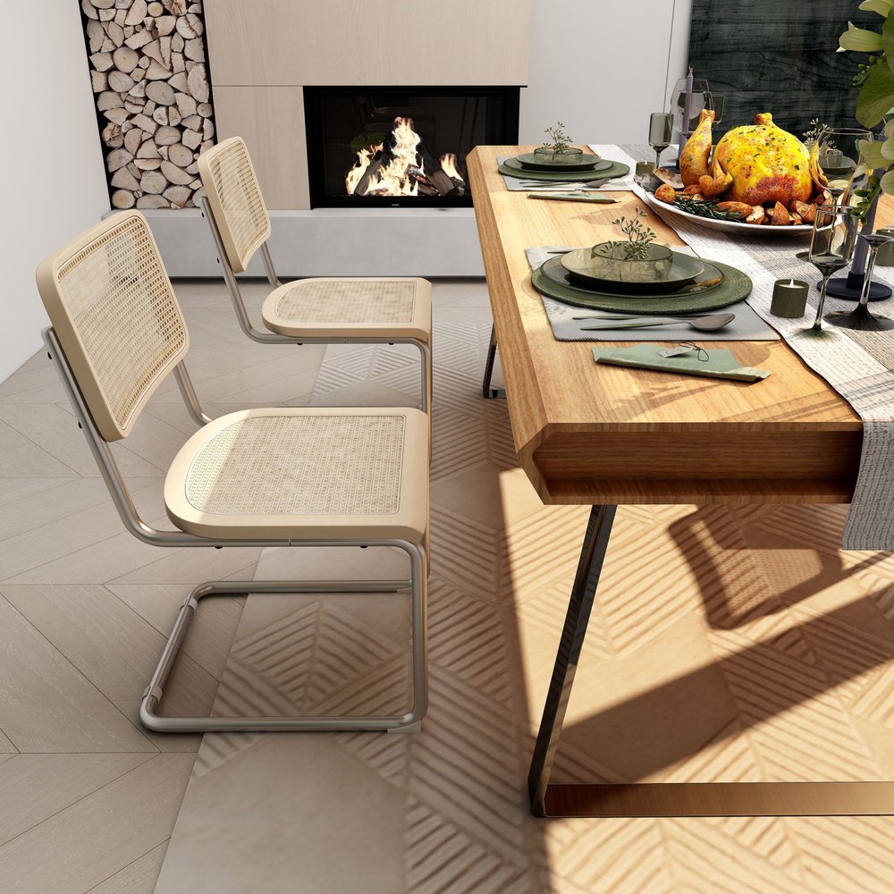 Set of Two Natural and Silver Steel Open Back Dining Side Chairs