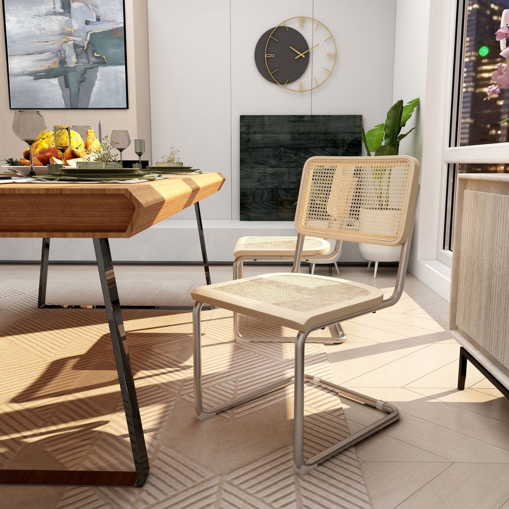 Set of Two Natural and Silver Steel Open Back Dining Side Chairs