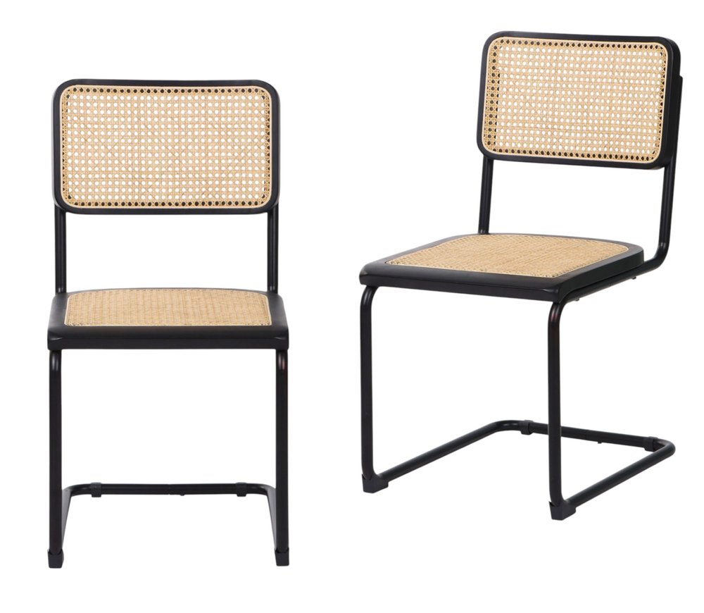 Set of Two Black and Natural Steel Open Back Dining Side Chairs