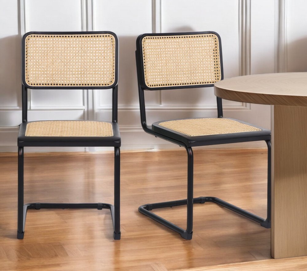 Set of Two Black and Natural Steel Open Back Dining Side Chairs