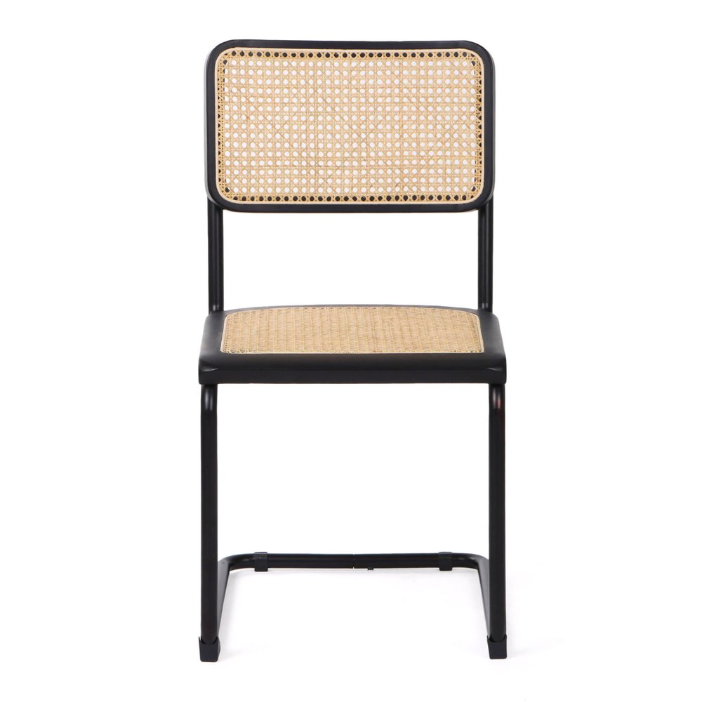 Set of Two Black and Natural Steel Open Back Dining Side Chairs