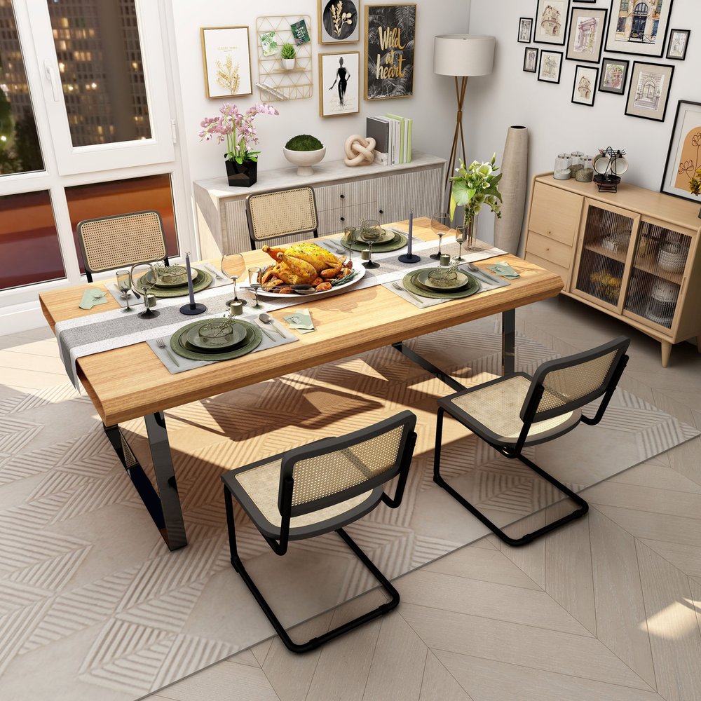 Set of Two Black and Natural Steel Open Back Dining Side Chairs