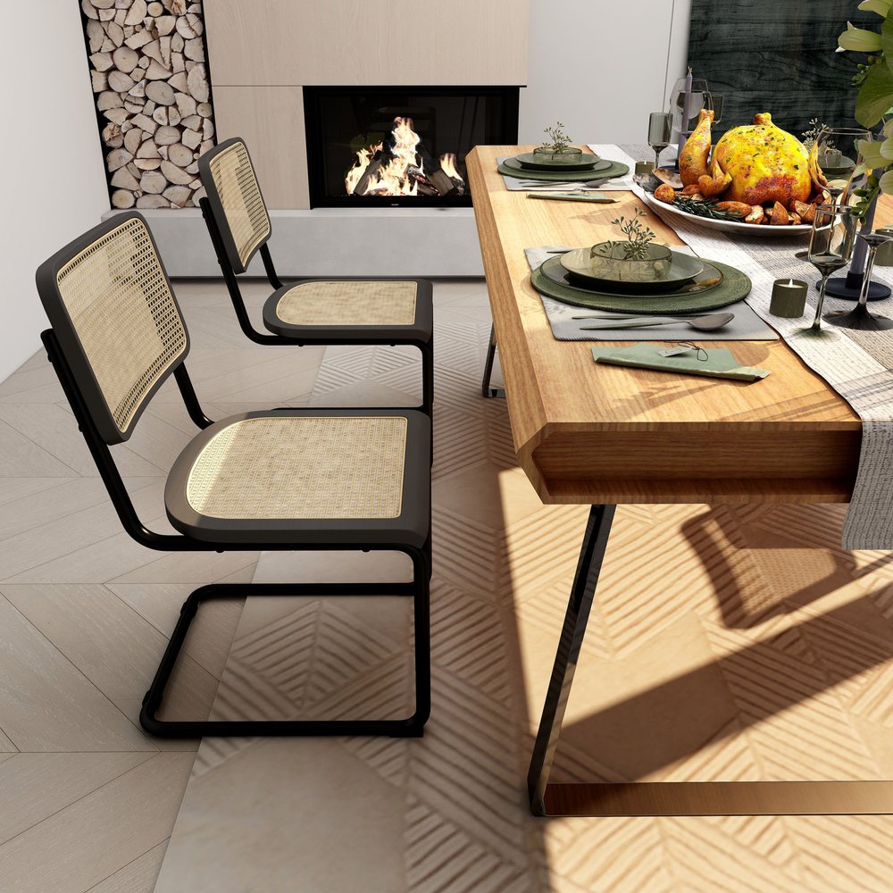 Set of Two Black and Natural Steel Open Back Dining Side Chairs