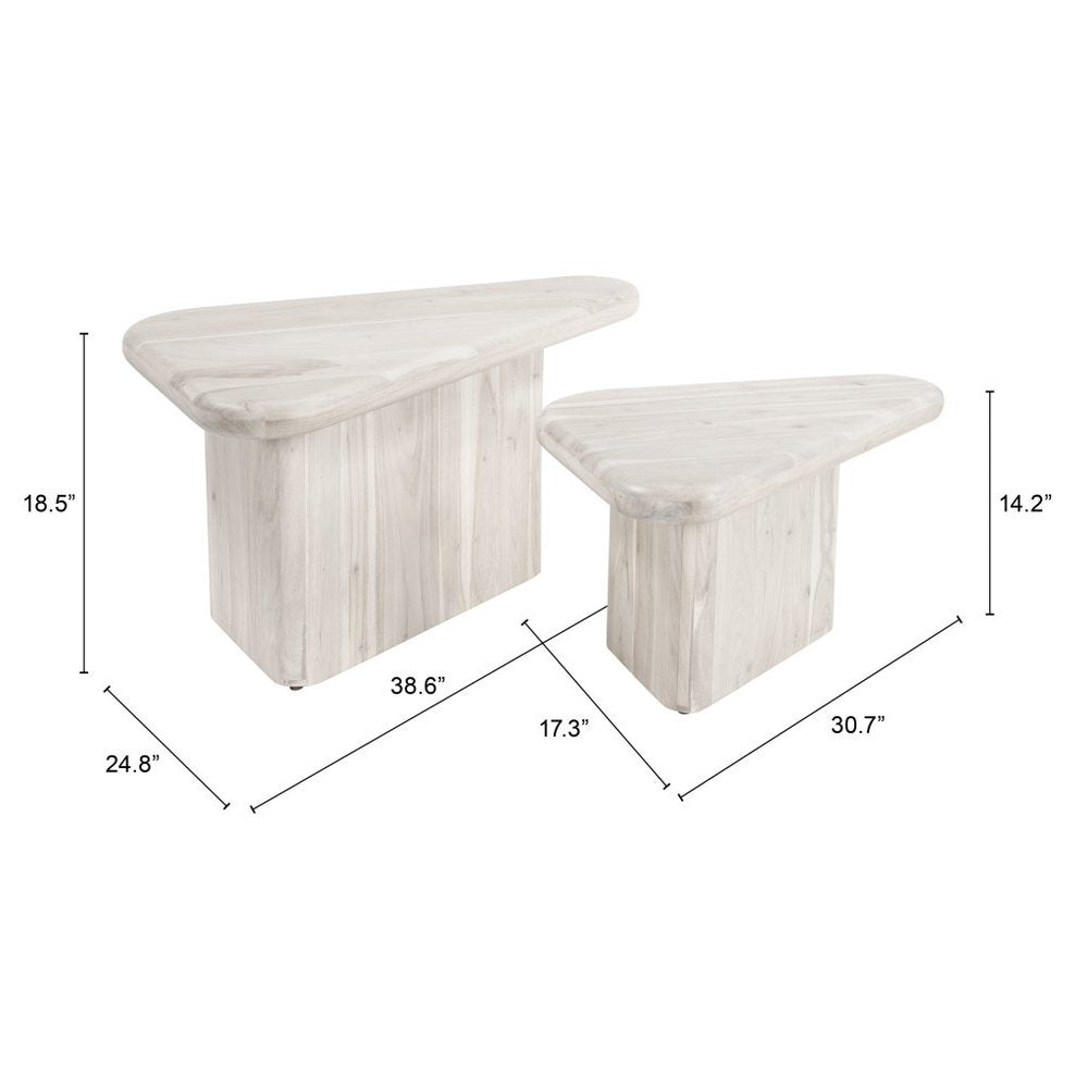 Set of Two Natural Solid Wood Triangle Pedestal Nested Coffee Tables