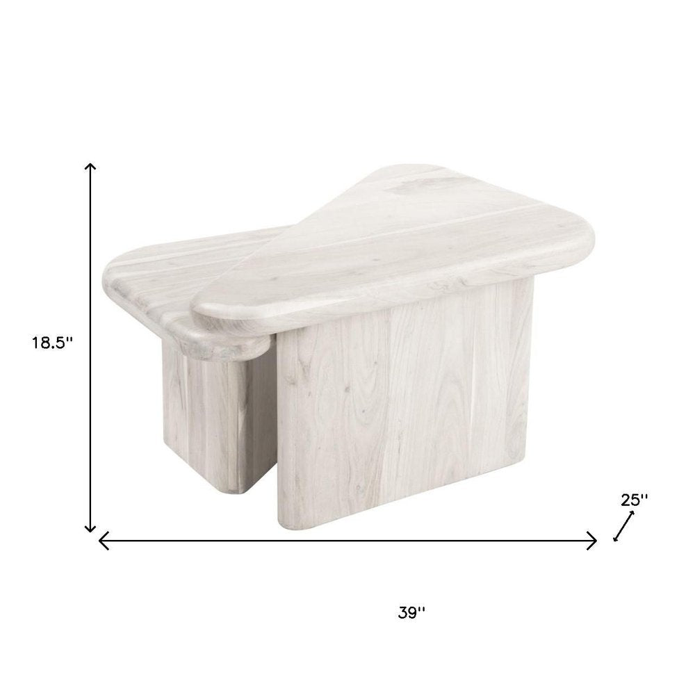 Set of Two Natural Solid Wood Triangle Pedestal Nested Coffee Tables