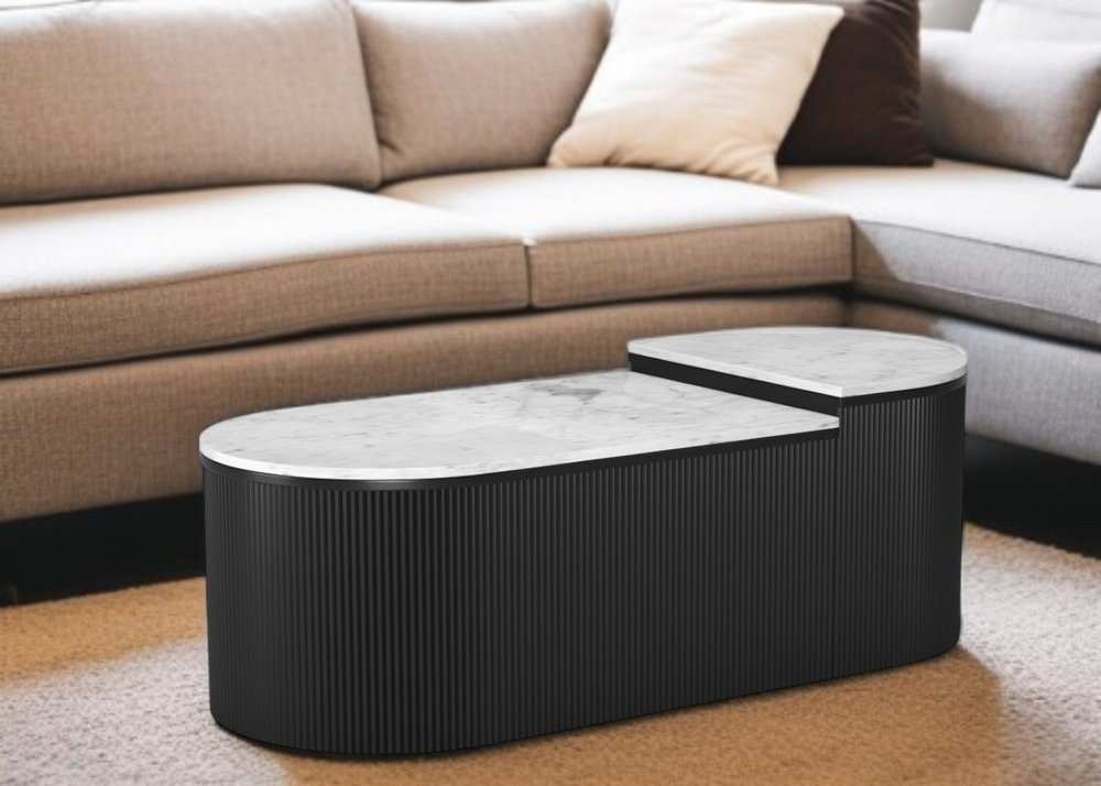 Set of Two Black And White Wood And Faux Marble Oval Drum Bunching Coffee Tables