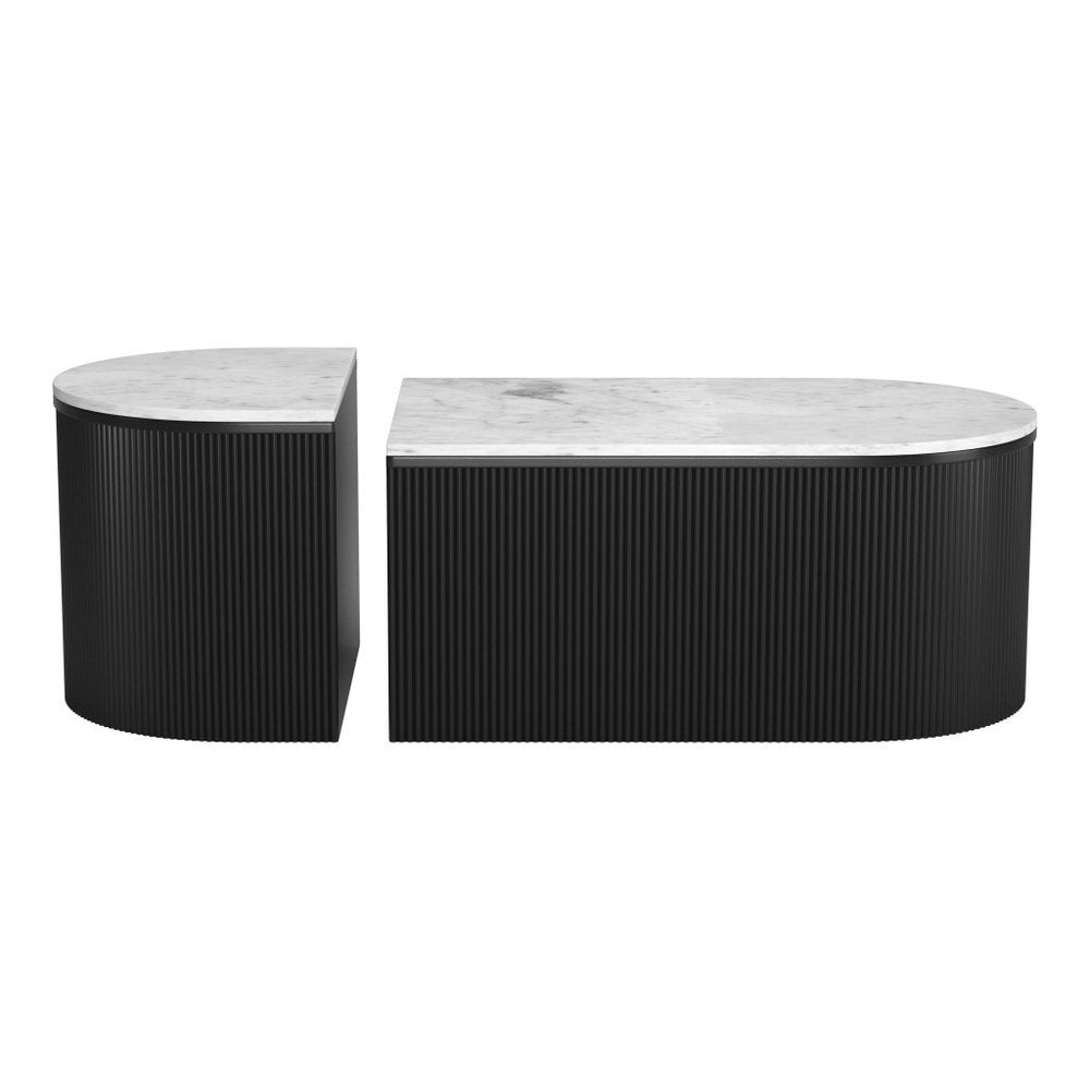 Set of Two Black And White Wood And Faux Marble Oval Drum Bunching Coffee Tables