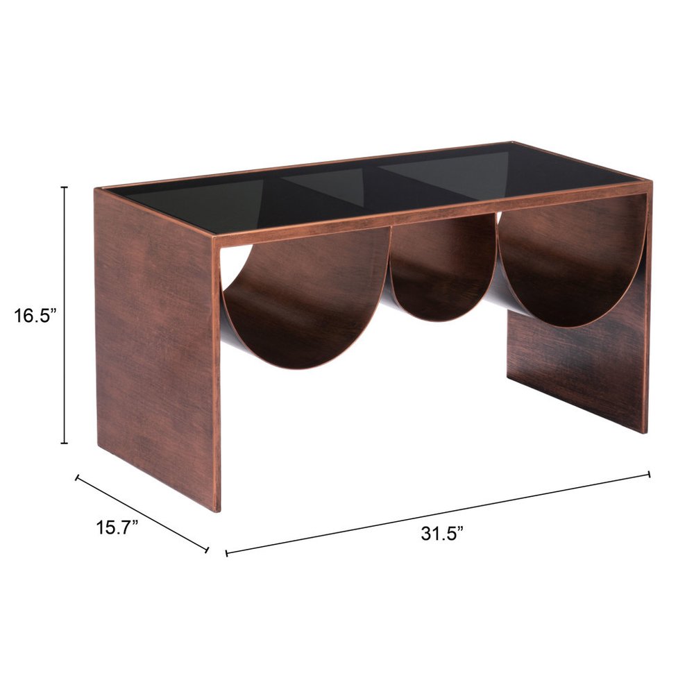 32" Black and Copper Mirrored Glass and Steel Solid Coffee Table
