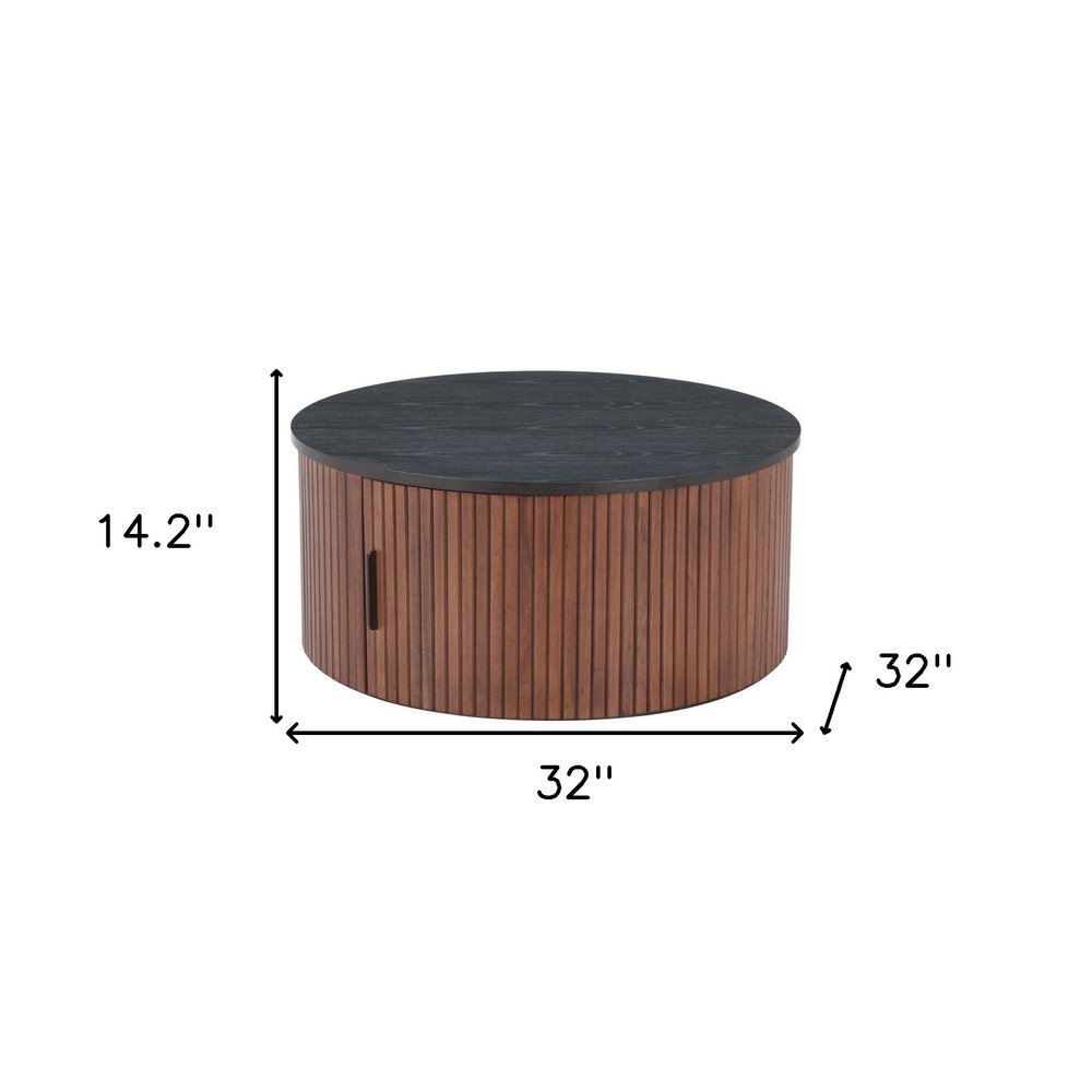 32" Black and Walnut Wood Round Drum Coffee Table