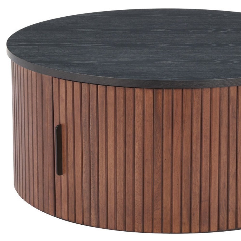 32" Black and Walnut Wood Round Drum Coffee Table