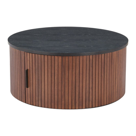 32" Black and Walnut Wood Round Drum Coffee Table