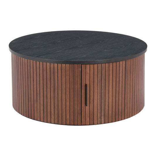 32" Black and Walnut Wood Round Drum Coffee Table