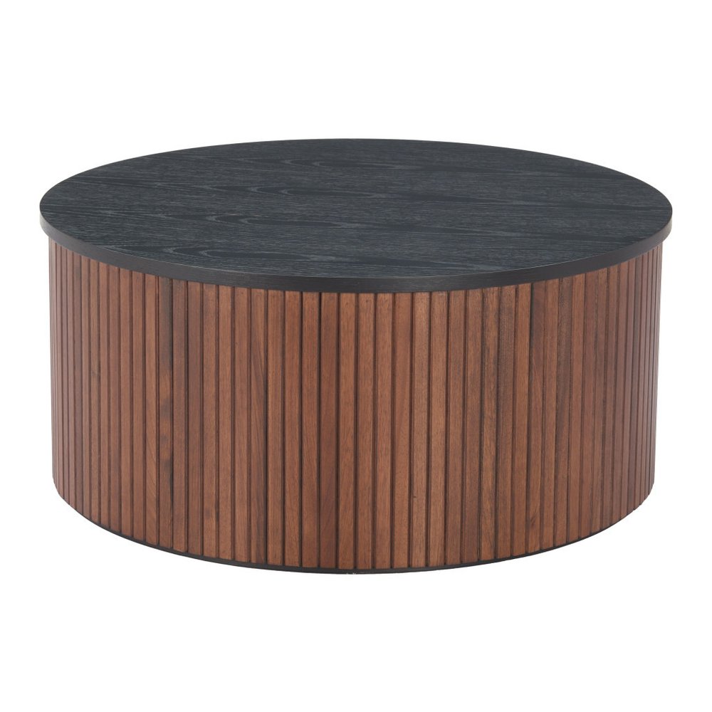 32" Black and Walnut Wood Round Drum Coffee Table
