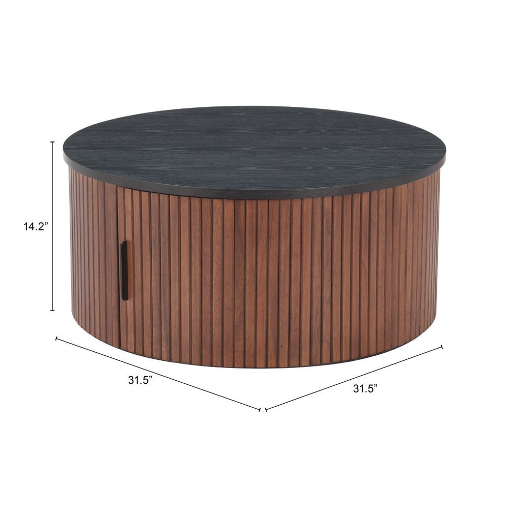 32" Black and Walnut Wood Round Drum Coffee Table