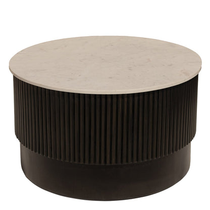 31" White And Dark Brown Genuine Marble And Solid Wood Round Drum Coffee Table