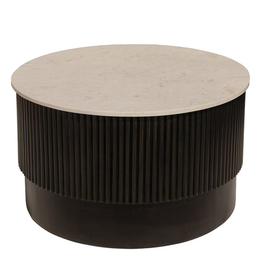 31" White And Dark Brown Genuine Marble And Solid Wood Round Drum Coffee Table