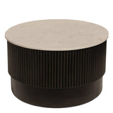 31" White And Dark Brown Genuine Marble And Solid Wood Round Drum Coffee Table
