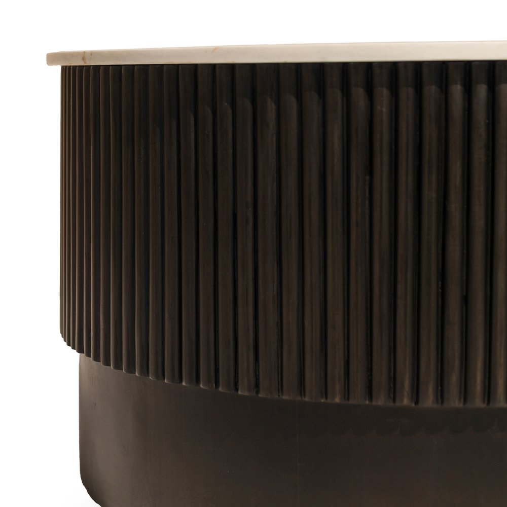 31" White And Dark Brown Genuine Marble And Solid Wood Round Drum Coffee Table